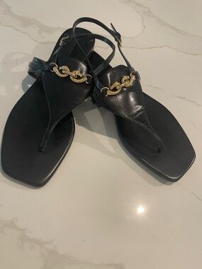 Tory Burch Black Leather Thong Sandals with Gold Chain Accent - Women